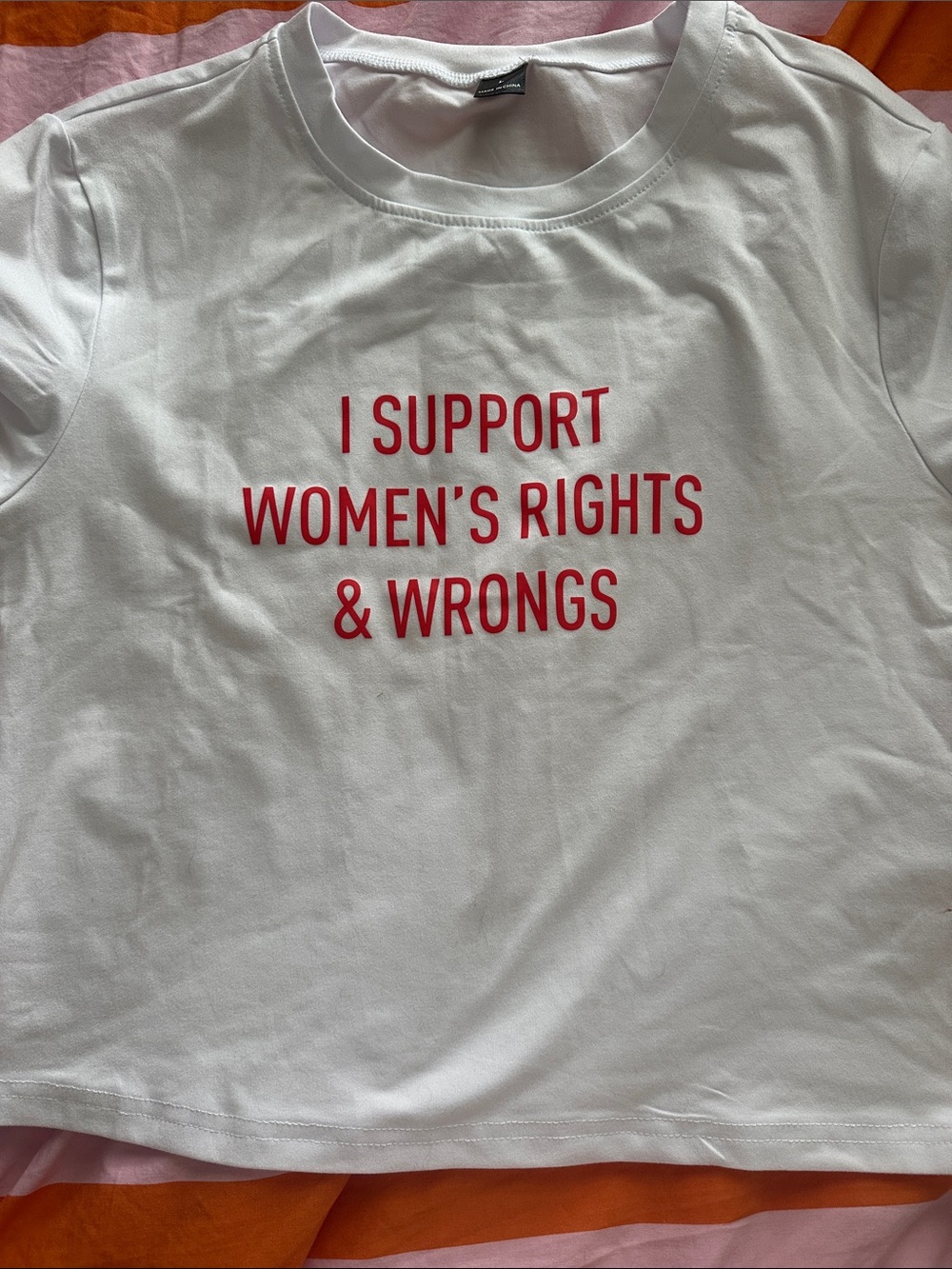 White Short Sleeve Tee with Red Slogan